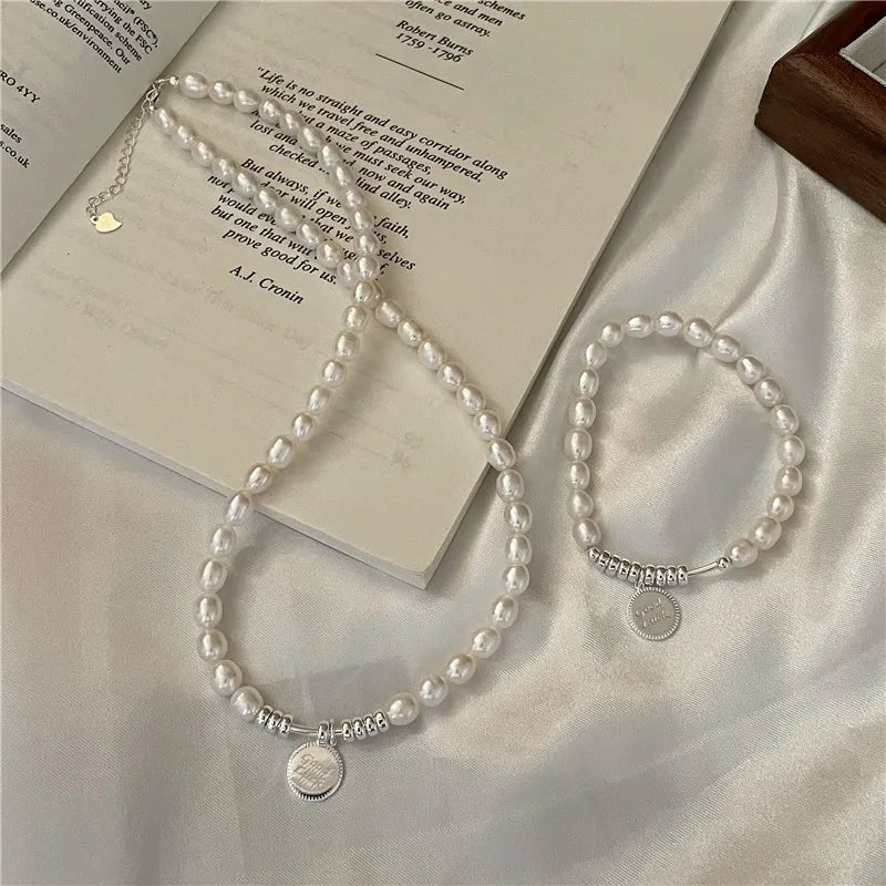 Mother's Day Gifts 925 Sterling Silver Handmade Freshwater Pearl Round Letter Pendant Necklaces Bracelets for Women