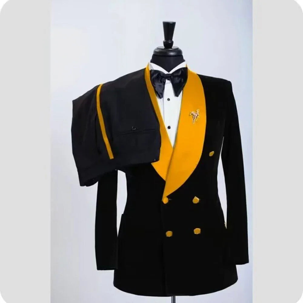 Black Velvet Blazer Yellow Shawl Lapel Double Breasted Regular Length Flat Formal Men Suits Terno Blazer Full Terno Masculinos