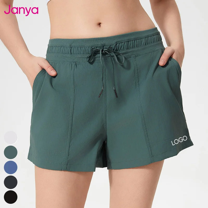 Janya New Quick Dry Solid Gym Shorts Breathable Sportswear Elastic Waist Clothing Pockets Casual Ice Silk Drawstring Shorts