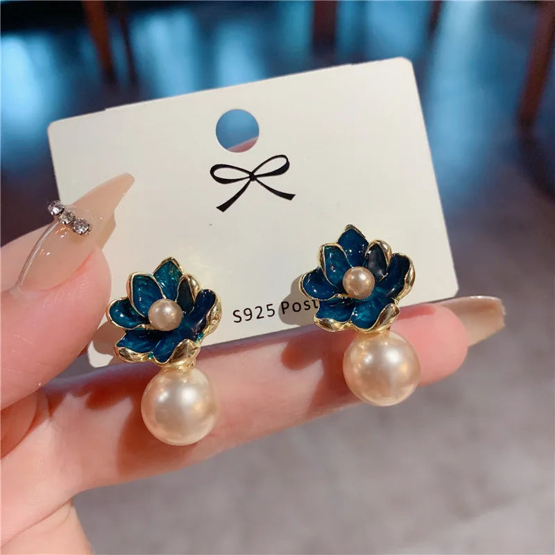 925 Silver Needle Korean Fashion Blue Flower Earrings for Women Jewelry 2025 Trending Women's Vintage Noble Pearl Stud Earrings