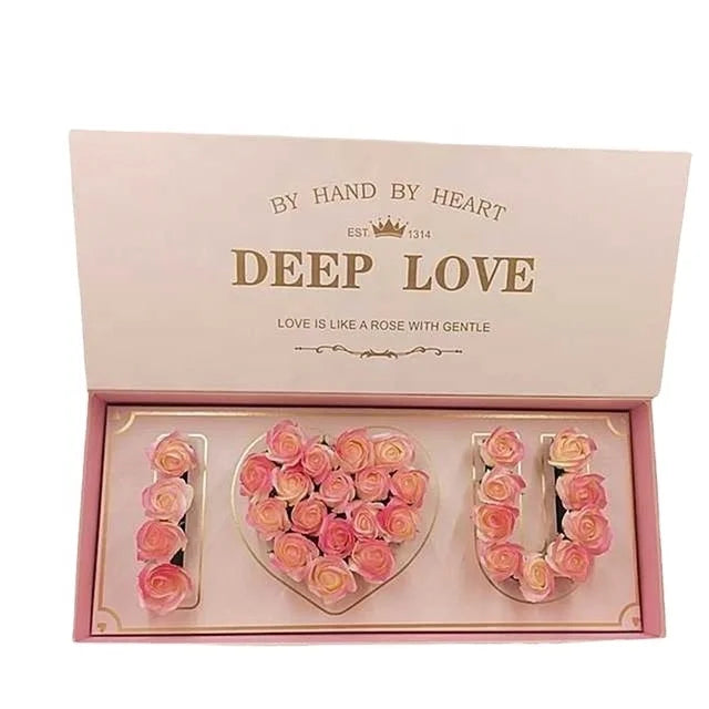 I LOVE U Heart Language Printed High-End 520 Flower Gift Box for Valentine's Day with Glossy Matt Laminating Embossing Features