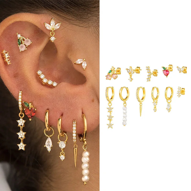 11pcs Radiant 5A Zircon S925 Silver Earrings Set with Colorful Stones for Youthful Party or Wedding Jewelry