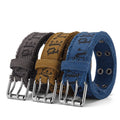 New Custom Classic Blue Grey Black Multi Colors 4.0Cm Double Pin Buckle Full Printing Canvas Wash Color Distressed Casual Belt