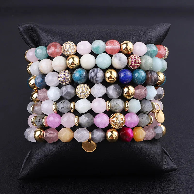 Jewelry Factory's Customizable 8mm Multi Natural Beads Bracelet for Women CZ Pave Ball Laser Engraved Logo Classic Elastic