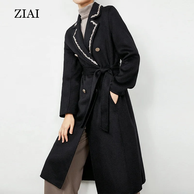 Black Women's Coat New Coat Autumn and Winter Large Size Hepburn Style Double-sided Cashmere Woolen Coat Water Ripples