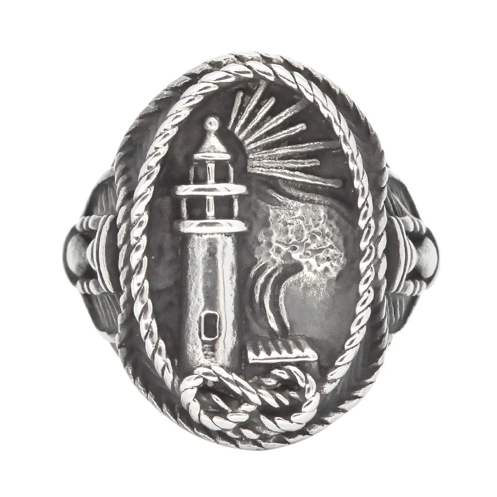 Viking Men Rings Stainless Steel Picture Carving Lighthouse Ring Steel Casting Hourglass Rings