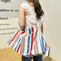 Women's Large Vertical Striped Canvas Zip Crossbody Bag Woven Rope Shoulder Strap Fashionable Lady Style Thick Surface Cotton