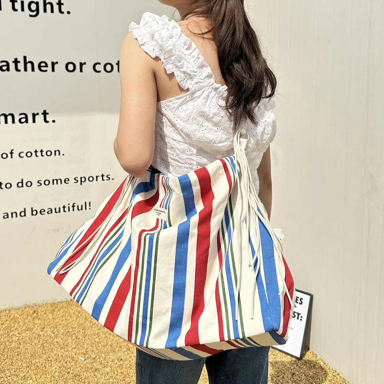 Women's Large Vertical Striped Canvas Zip Crossbody Bag Woven Rope Shoulder Strap Fashionable Lady Style Thick Surface Cotton