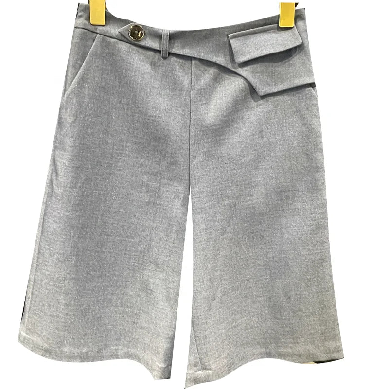 Women's High Waist Shorts with Zipper and Button Tailored Bermudas Formal Pattern Colored Plain Dye