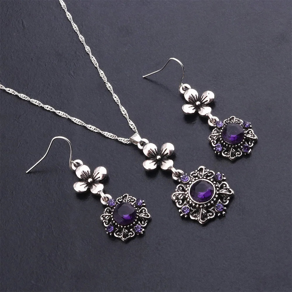 Wholesale Ladies Vintage Purple Diamond Flower Earrings Bracelet Necklace Set Women's Party Necklace Set Wedding Jewelry