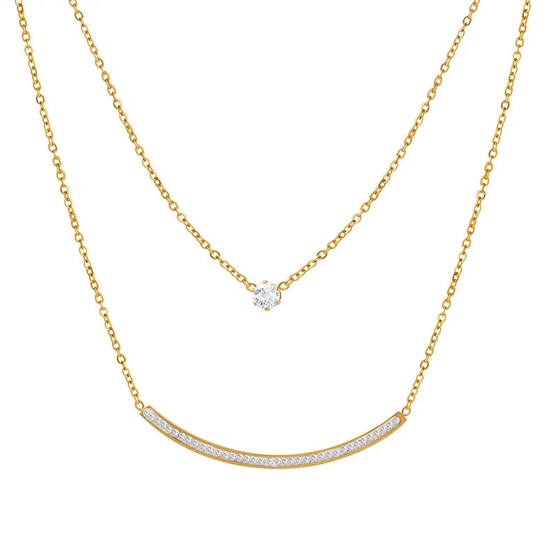 Wholesale New Stainless Steel 18k Gold Pvd Plated Diamond Pendant Double Layer Necklace Smile Pendant Fashion Jewelry for Women