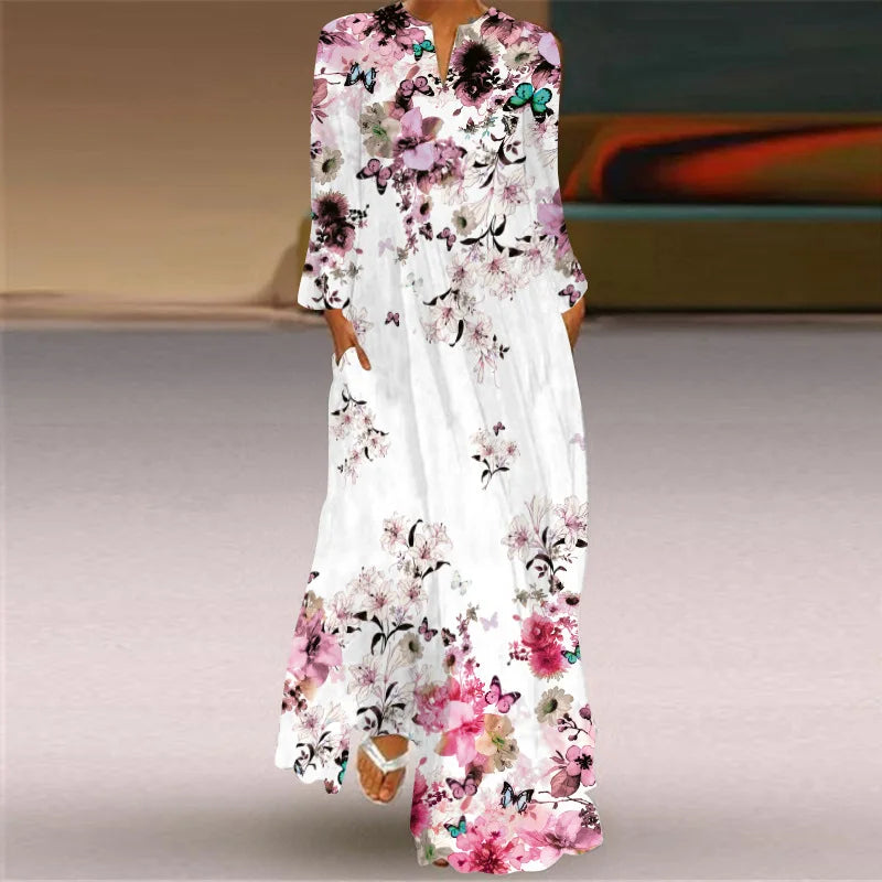 Women Loose Pocketed Maxi Dress V-neck Long Sleeve Floral Printed Lady Casual Plus Size Dresses