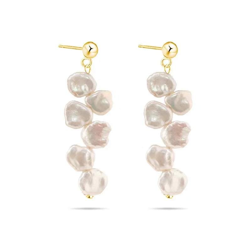 Trendy Vintage Women Jewelry  925 Keshi Baroque Freshwater Pearl Studs Long Earrings Gold Plated