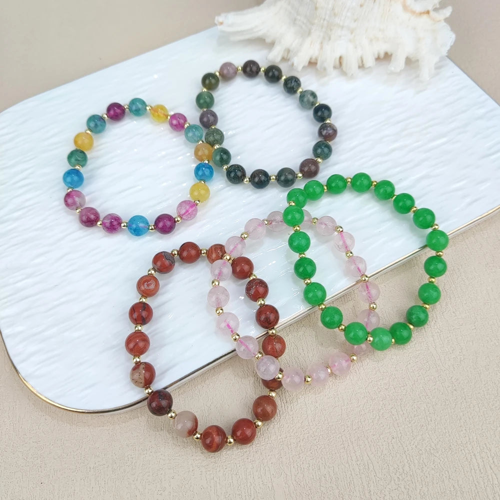 Spiritual Crystal Natural Stone Beaded Bracelet Indian Agate Green Aventurine Rose Quartz Beaded Elastic Bracelet for Women