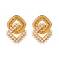 Vintage Korean Style Brown Stainless Steel 14K Gold Plated Imitation Pearl Stud Earrings Heart Shape Crystal Rhinestone Unisex