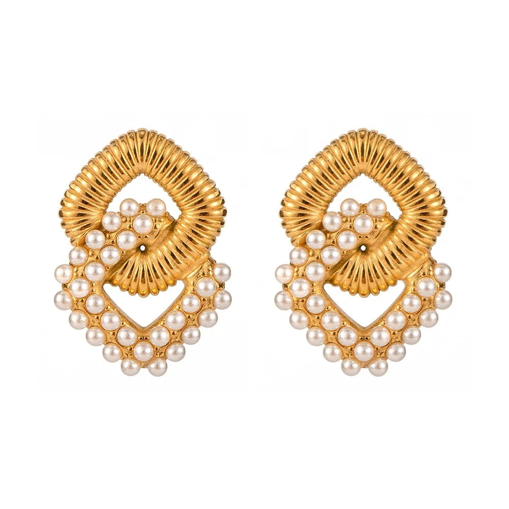 Vintage Korean Style Brown Stainless Steel 14K Gold Plated Imitation Pearl Stud Earrings Heart Shape Crystal Rhinestone Unisex
