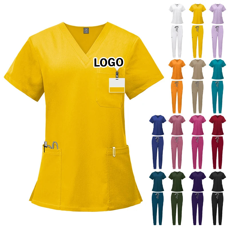 Custom Logo Wholesale Women Two Piece Fashion Anti Wrinkle V Neck Soft Hospital Nursing Suits Uniforms Scrubs Sets