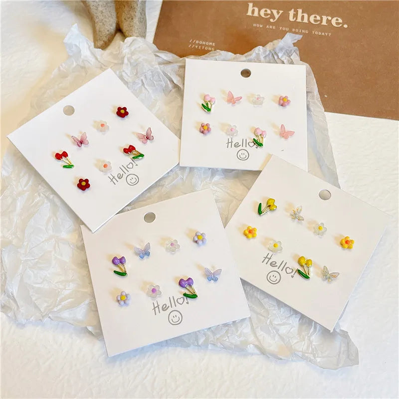 Korean Cartoon Small Stud Earrings Simple Cute Sweet Resin Earrings Butterfly Flower Stud Earrings Set for Teen Girls