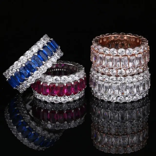 925 Sterling Silver Triple Row Eternity Ring White Gold 4 Colors Cubic Zirconia Baguette Cut Classic Style for Weddings Parties