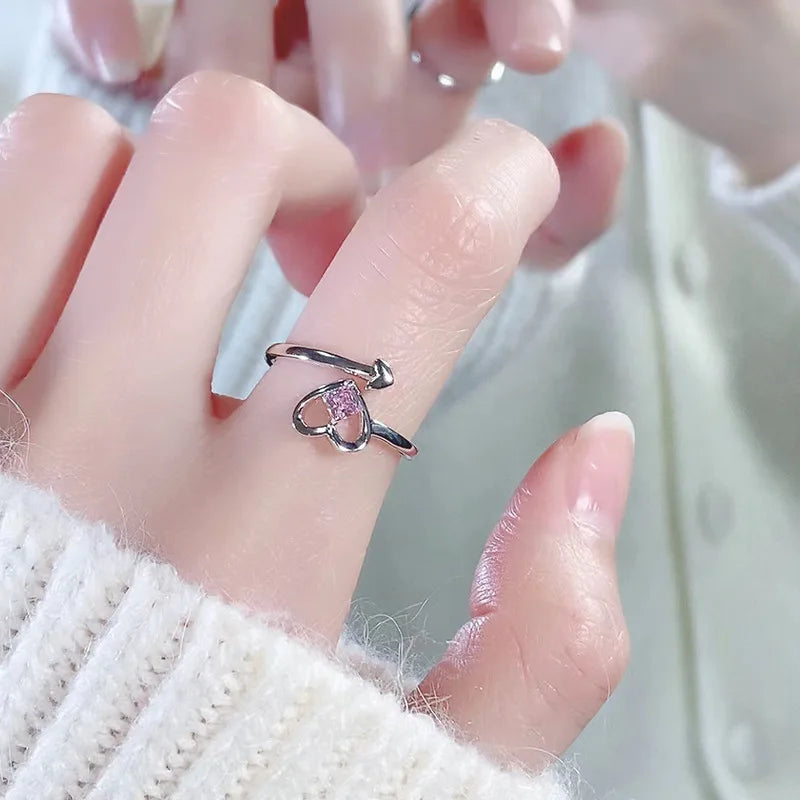 GT Simple Exquisite Pink Rhinestone Love Heart Rings Open Ring Student Valentine's Day Gift Fashion Jewelry Rings