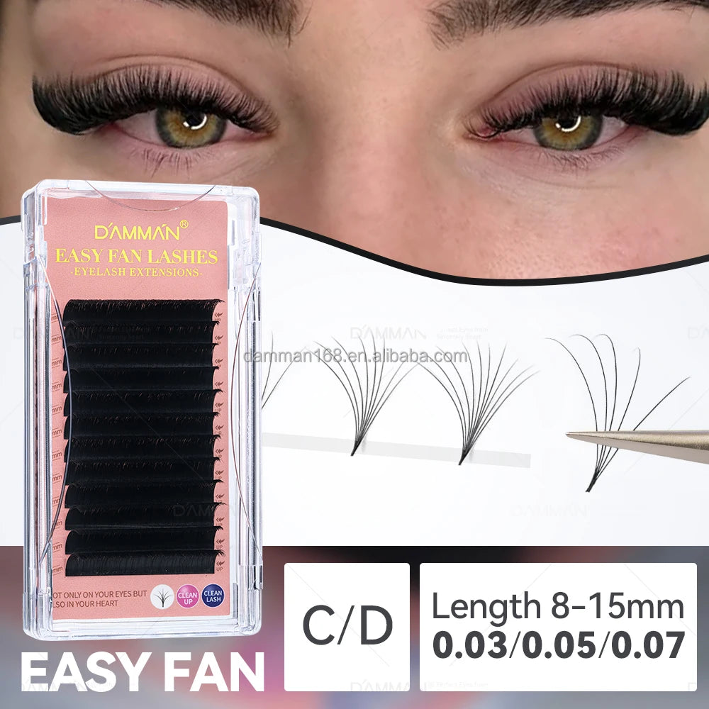 DAMMAN Eyelash Extension Supplies C/D Curl 0.05 8-18mm Rapid Volume Lash Extensions Easy Fan Automatic Blooming Flower Lashes