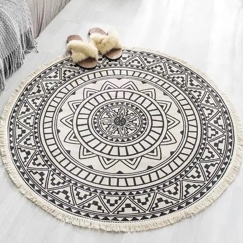 Hot Sale Custom Round Bohemian Cotton and Linen Floor Mat Tassel Moroccan Carpets and Rugs for Living Room