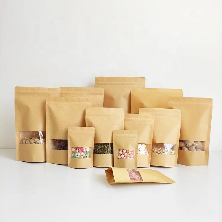 10x15cm Nice Quality Food Packaging Stand up Pouch Reusable Zipper Kraft Paper Bag with Clear Window
