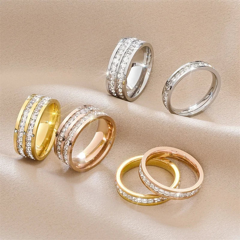 Stainless Steel Gold Forever Love Wedding Rings Couple Eternity Engagement Crystal Ring With CZ
