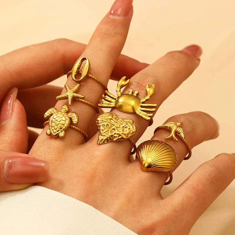 Hot Sale Stainless Steel Ring Colorfast Crab love Starfish Sea Turtle Split Ring Women  Summer Holiday Accessories