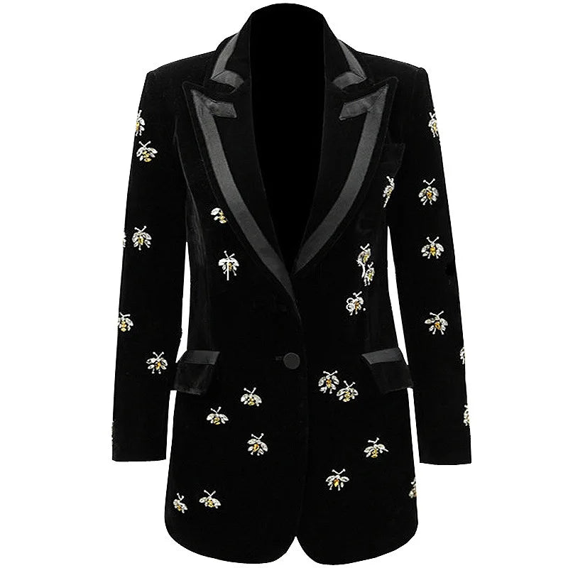 Women's Medium Long European American Style Blazer Hand-Stitched Spring Autumn Heavy Industry Jacket Single Solid Single Button