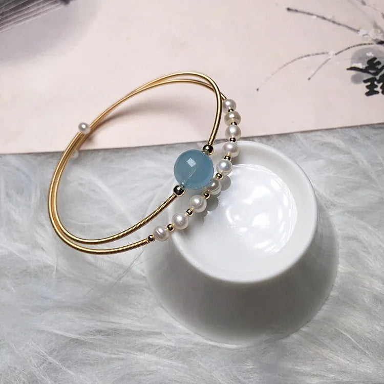 Natural Gemstone Gold Crystal Jewelry Handmade Wire Adjustable Freshwater Pearl Bangle Blue Crystal Aquamarine Beads Bracelets