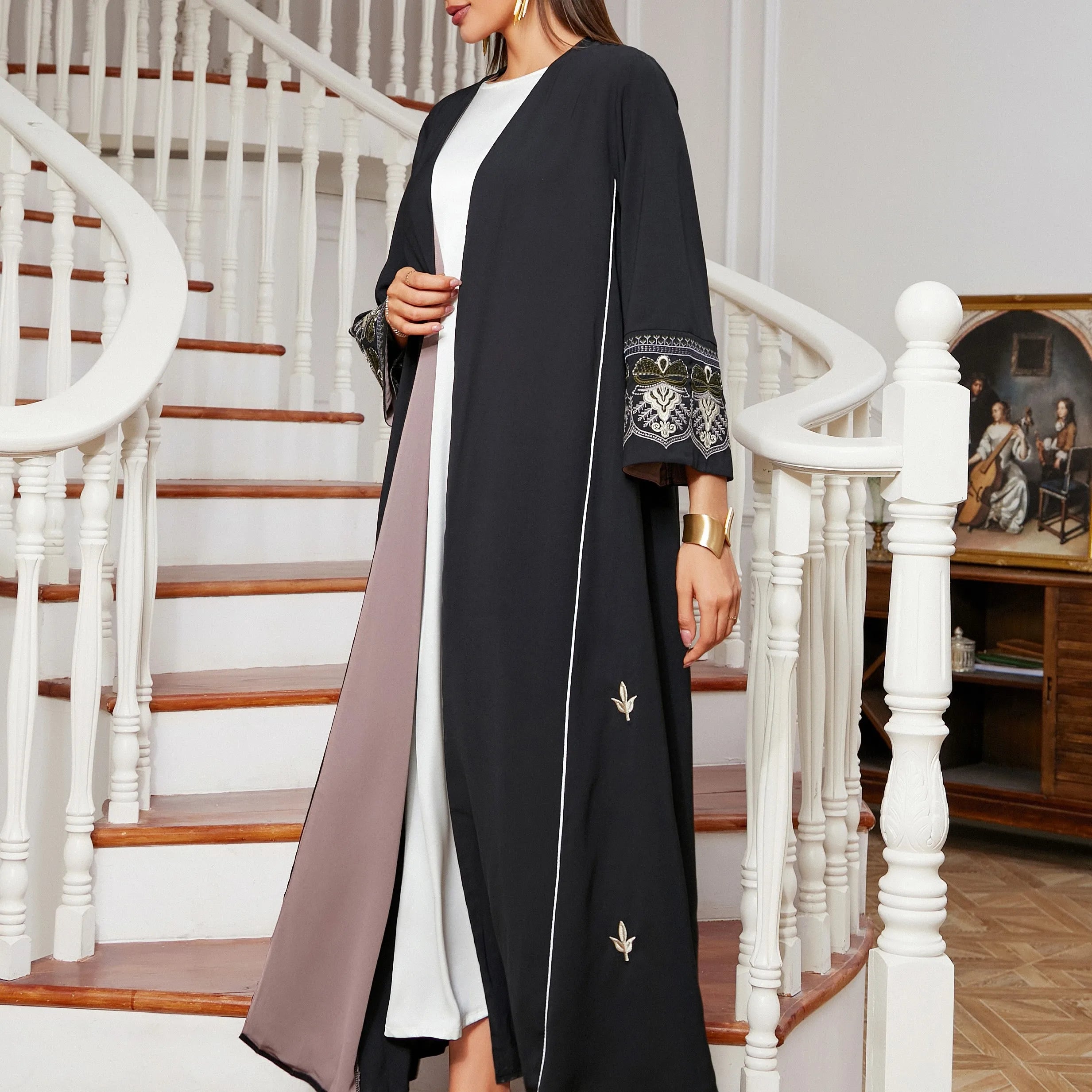 Traditional Muslim Clothing Front Open Black Abaya Arab Dubai Kaftan Abaya Women Polyester Adults Middle East Support Eid Abaya