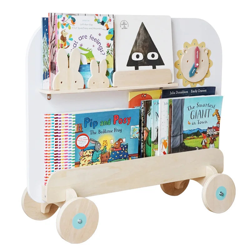 Children Wooden Drawing Board Kids Role Play Toy Simple Movable Trolley Book Storage Shelves Wooden Educational Toys
