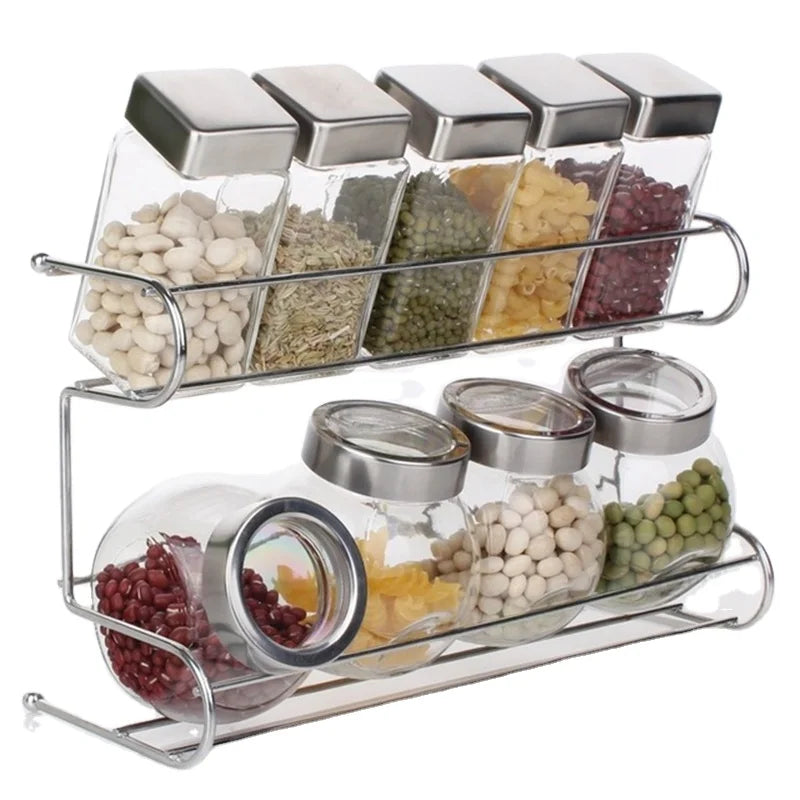 Kitchenware Glass Seasoning Bottle Set Spicr Spyce Glass Jar Seasoning Jars Metal Rack air Tight Jar Storage with Rack
