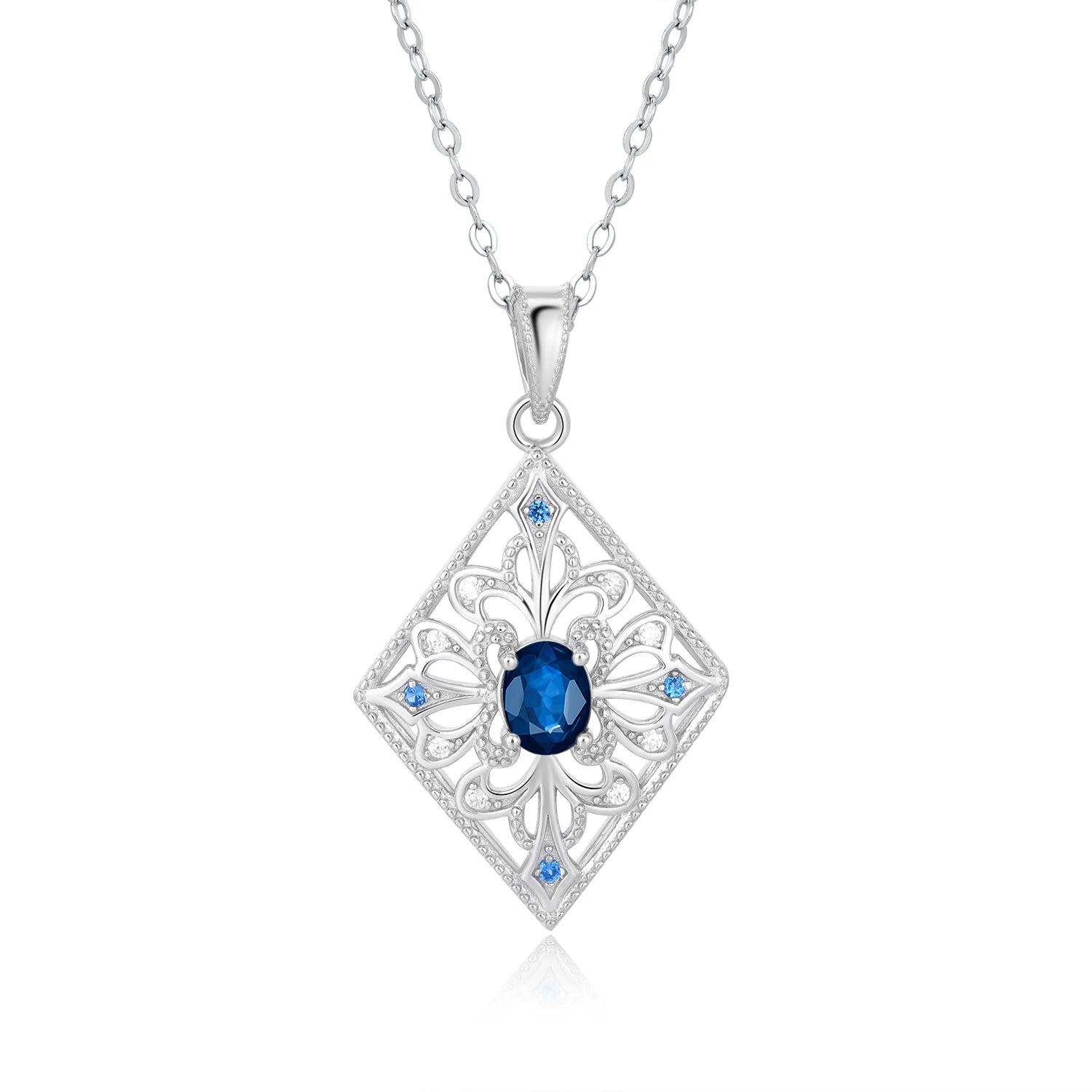 YBO Vintage Style 925 Sterling Silver Geometric Flower Pendant with Natural Blue Sapphire Gemstone Necklaces for Wedding Party