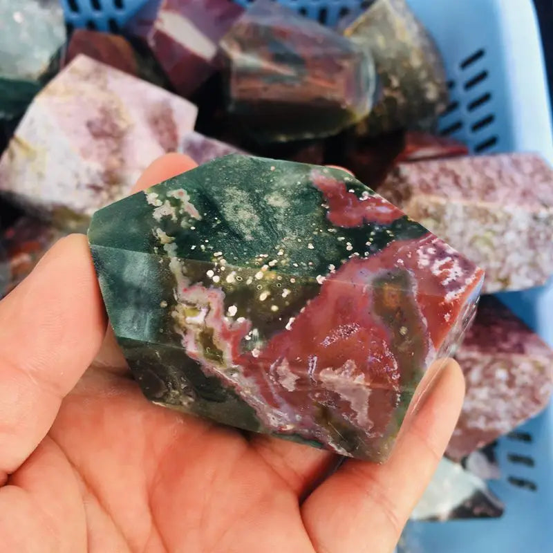 Natural Hand Carved Ocean Jasper Quartz Crystal Freeform Tumbled Stone Healing Cube for Home Decoration