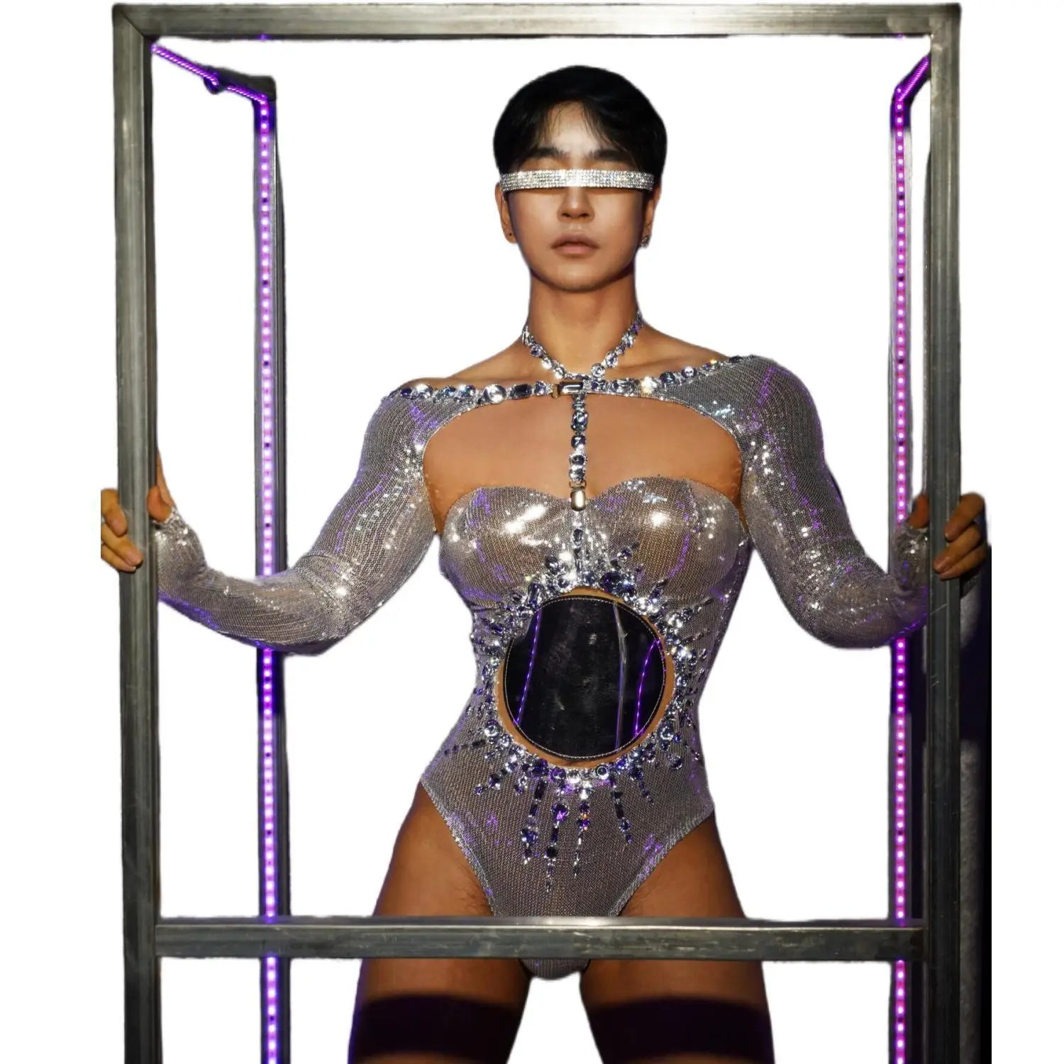 Sexy Long Sleeve Hollow Out Dance Leotard Adult Women One Piece Jumpsuits Rhinestone Bodysuit Stripper Outfits Exotic Dancewear