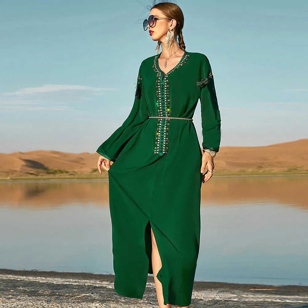 Middle East Luxury Green Tassels Jubah Abaya Dubai Moroccan Style 2022 New Style Muslim Dress