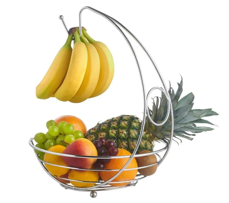 Metal European Style Eco-Friendly Fruit Bowl and Vegetable Basket with Banana Hanger Decorative Kitchen Cupboard Organizer Rack