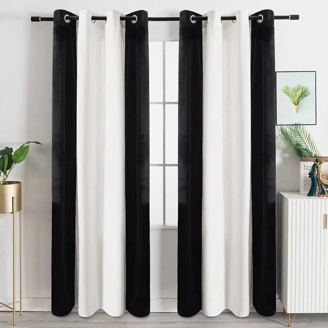 High-End Luxury White and Black Velvet Blackout Curtains Modern Real Velvet Grommet Design Woven Patchwork Two Colors