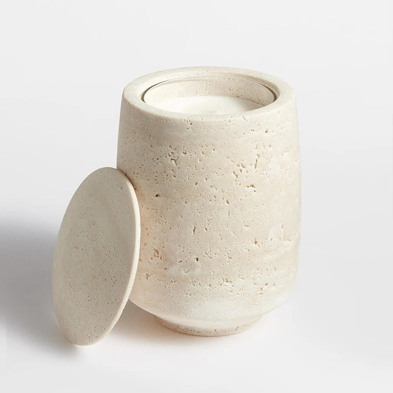 Stonekocc D11x15.5CM Travertine Stone Big Empty Candle Cup With Lid Marble Jar Holder Home Decor Christmas Ornaments