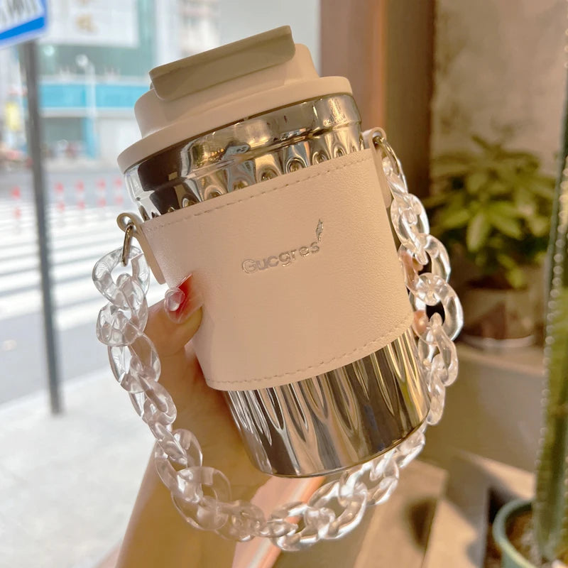 Hot Sale Handmade Coffee Cup Sleeve Holder Paper Glass Packaging Tea Cup PU Leather Cup Holder with Acrylic Chain Strap Handle