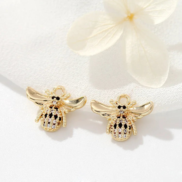 Wholesale 14K Gold Plated Inlaid Black Zircon Bee Charm Necklace Earrings Bracelet DIY Jewelry Making Pendant Accessories