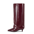 Fashion Women's Wide Calf Slouch Knee High Boots Low Kitten Heel Pointed Toe Oiled PU Pull on Plus Size 35-43