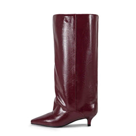 Fashion Women's Wide Calf Slouch Knee High Boots Low Kitten Heel Pointed Toe Oiled PU Pull on Plus Size 35-43