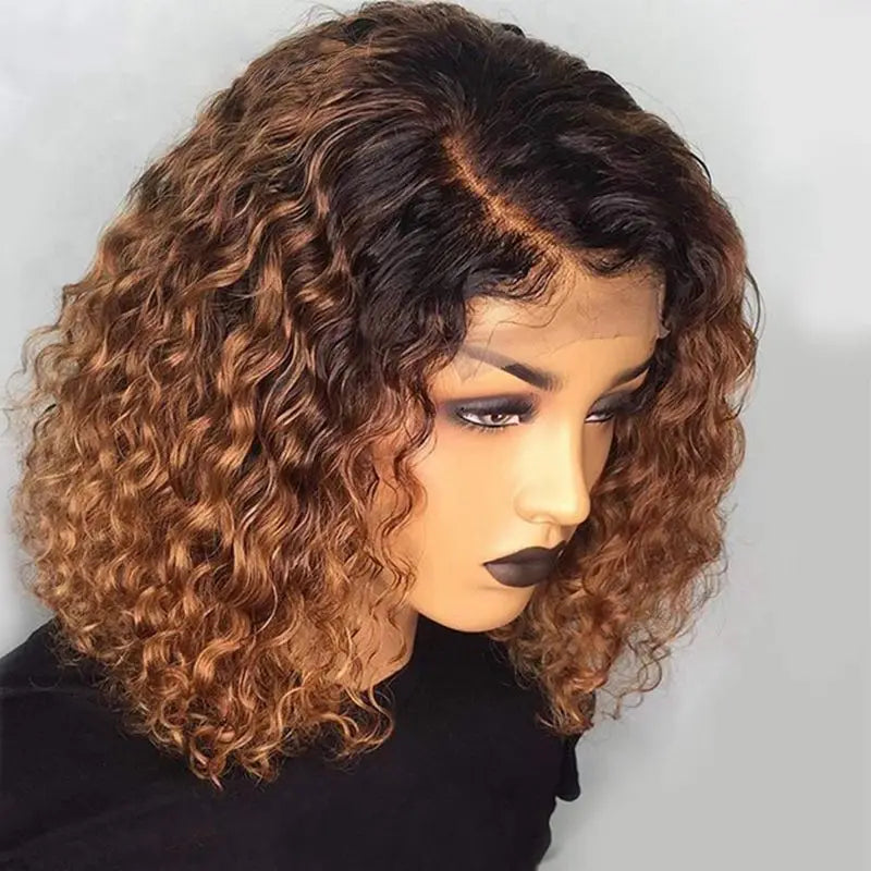 Fashion Curly Bob Wig Human Hair Lace Front Glueless Dark 1B/30 Ombre Short Straight Colored Brazilian Bob Wigs