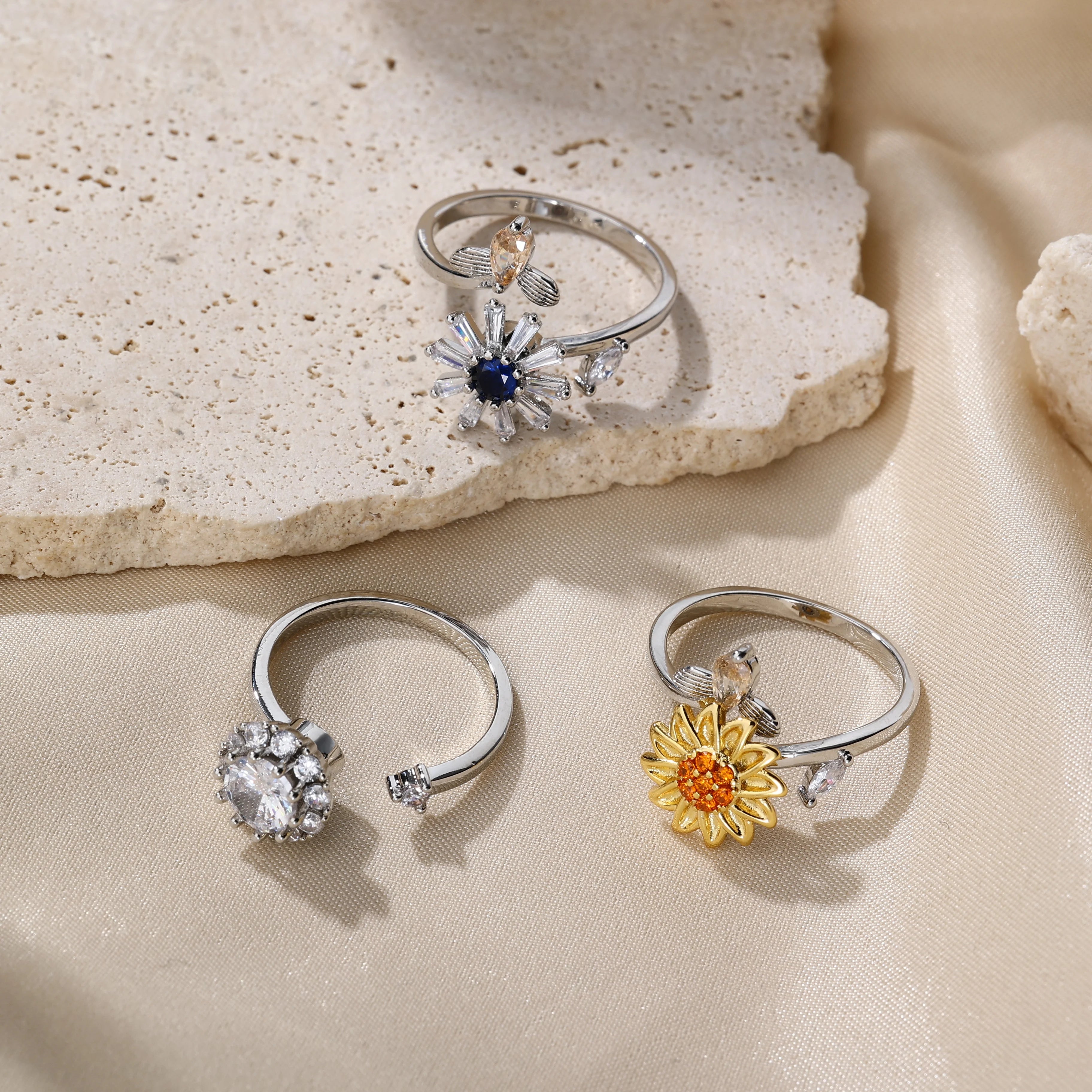Rotary Colorful Zircon Flower Rings Sunflower Daisy White Gold Color Palladium Plated Brass Adjustable Anxiety Rings for Women