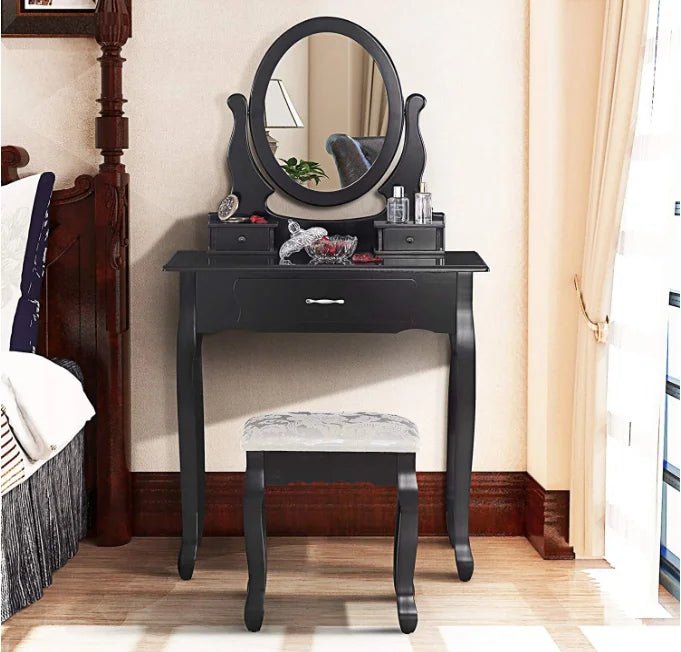 Hot Sale Bedroom Minimalist Dressing Set with Oval Mirror and 3 Drawers Wooden Dressing Table