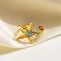 Women's Adjustable Stainless Steel 18K Gold Plated Enamel Hammered Starfish Ring Open Design Waterproof for Party Fashion