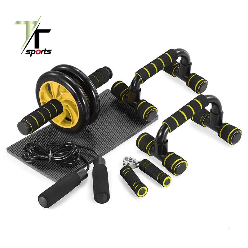 4-in-1 AB Wheel Roller Kit AB Roller With Push-Up Bar Jump Rope and Knee Mat - Perfect Wheel Abs Roller Set